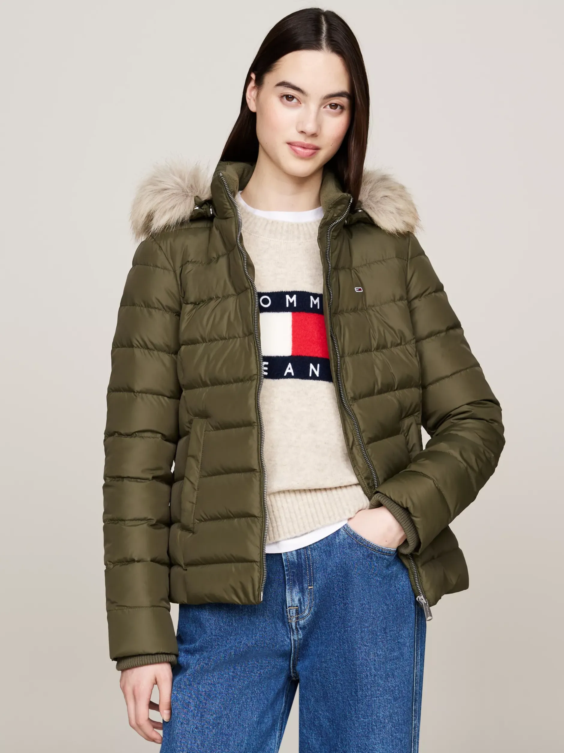 Kurtki & Płaszcze*Tommy Hilfiger Puchowa Kurtka Z Kapturem Ze Sztucznym Futrem FATIGUE GREEN