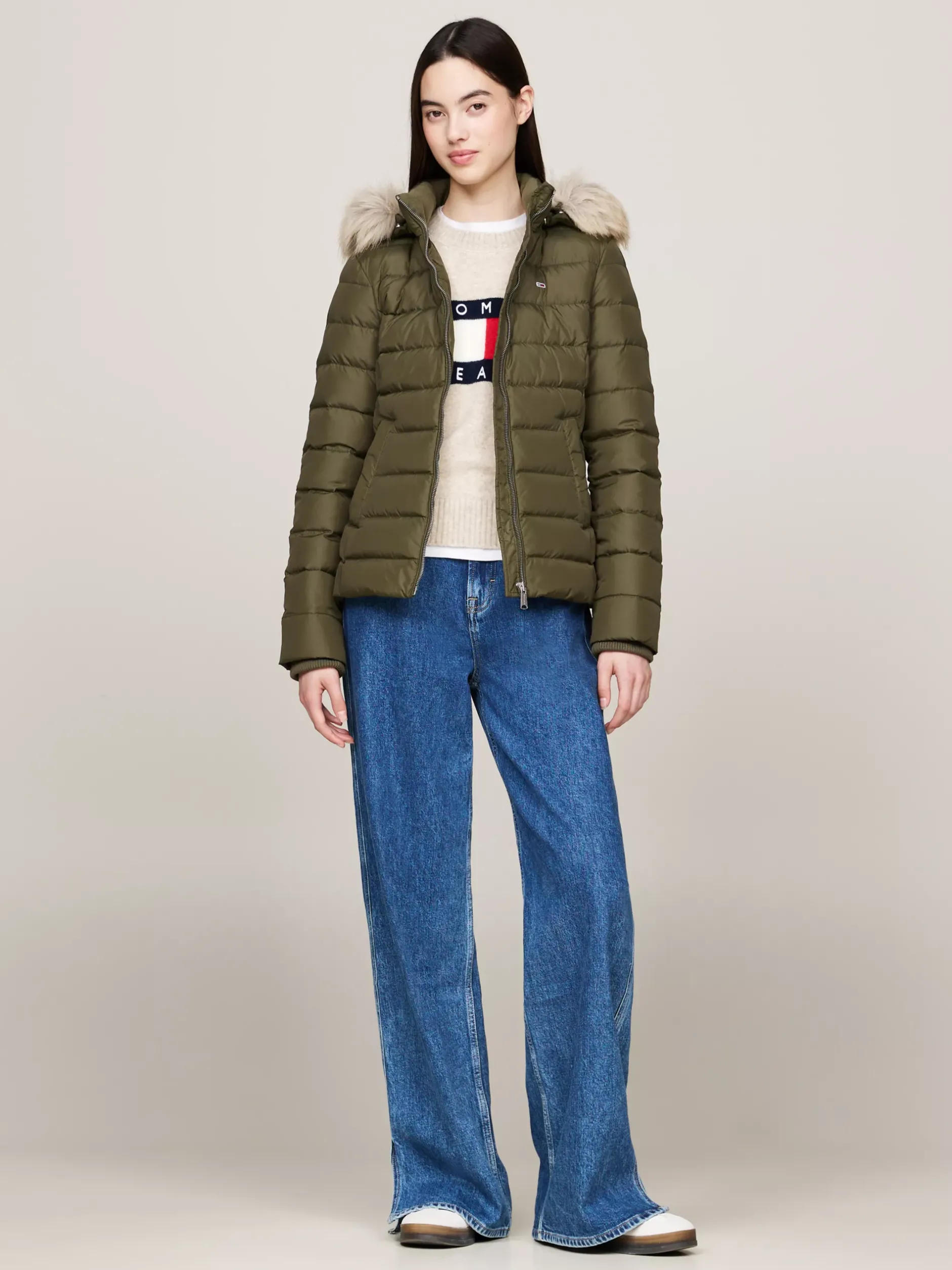 Kurtki & Płaszcze*Tommy Hilfiger Puchowa Kurtka Z Kapturem Ze Sztucznym Futrem FATIGUE GREEN