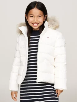 Kurtki I Płaszcze*Tommy Hilfiger Puchowa Kurtka Z Kapturem Ze Sztucznym Futrem ANCIENT WHITE