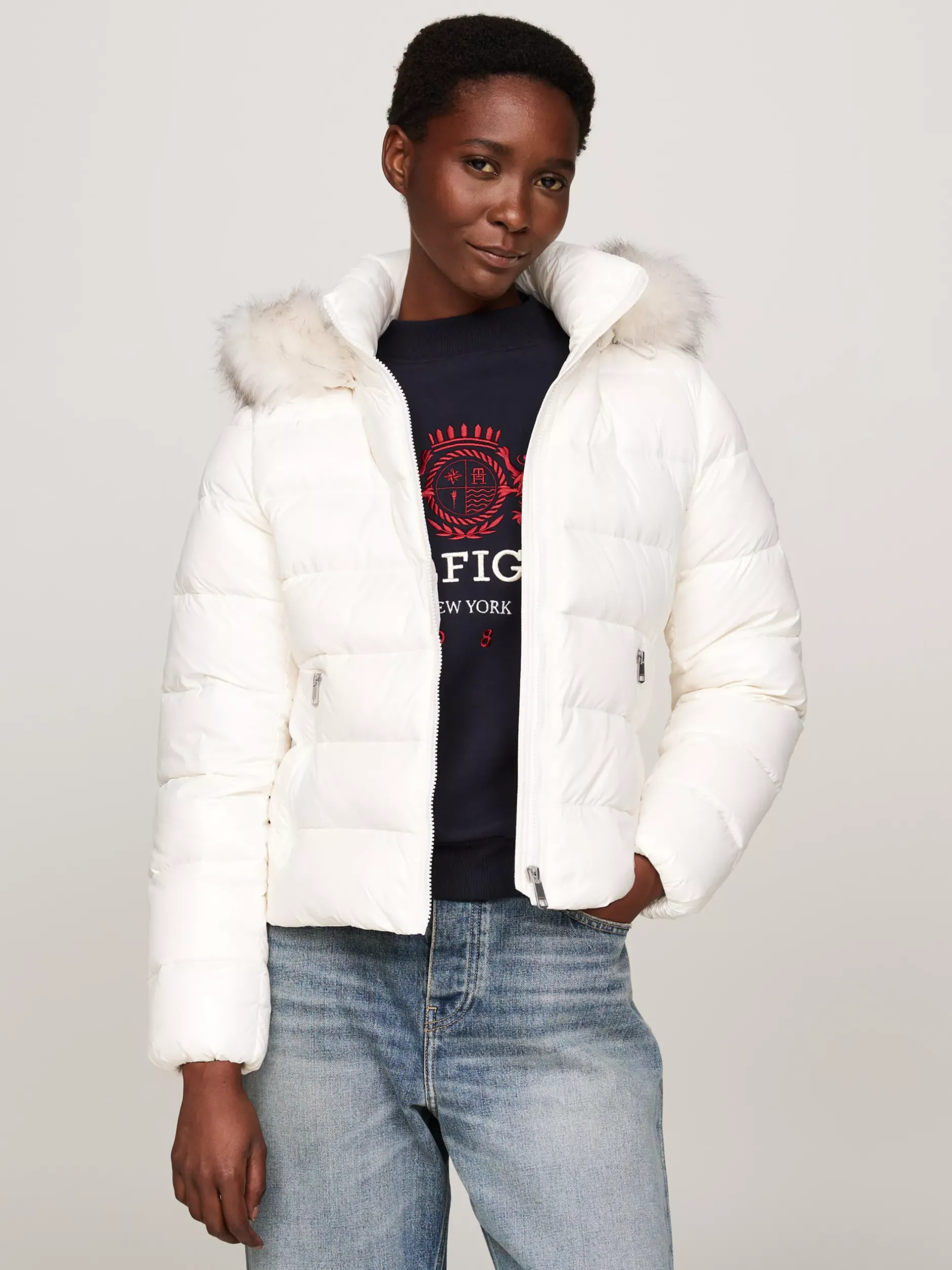 Kurtki & Płaszcze*Tommy Hilfiger Puchowa Kurtka Ze Sztucznym Futerkiem ANCIENT WHITE