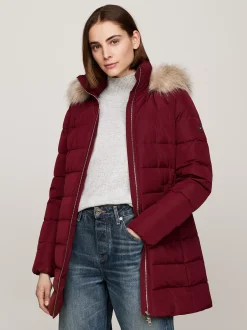 Kurtki & Płaszcze*Tommy Hilfiger Puchowy Płaszcz Z Kapturem Z Futerkiem DEEP ROUGE