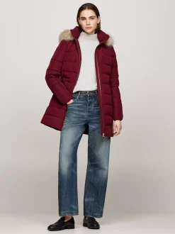 Kurtki & Płaszcze*Tommy Hilfiger Puchowy Płaszcz Z Kapturem Z Futerkiem DEEP ROUGE