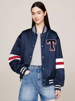 Kurtki & Płaszcze*Tommy Hilfiger Satynowa Kurtka Bomber Z Logo W Stylu Letterman DARK NIGHT NAVY