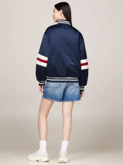 Kurtki & Płaszcze*Tommy Hilfiger Satynowa Kurtka Bomber Z Logo W Stylu Letterman DARK NIGHT NAVY