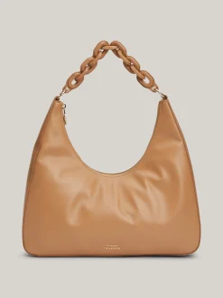 Torby Na Ramię*Tommy Hilfiger Skórzana Torebka Hobo TH Na Grubym łańcuszku CLASSIC KHAKI