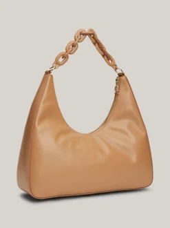 Torby Na Ramię*Tommy Hilfiger Skórzana Torebka Hobo TH Na Grubym łańcuszku CLASSIC KHAKI