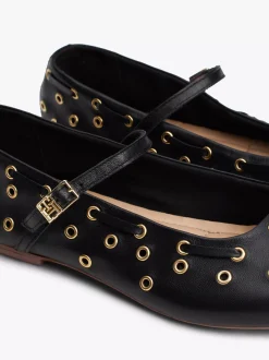 Baleriny|Płaskie Buty*Tommy Hilfiger Skórzane Baleriny Mary Jane Z Dziurkami BLACK