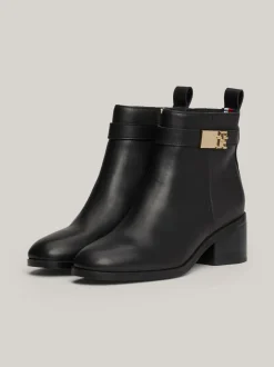 Botki*Tommy Hilfiger Skórzane Botki Na Klockowym Obcasie BLACK