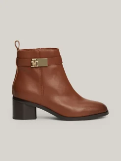 Botki*Tommy Hilfiger Skórzane Botki Na Klockowym Obcasie COGNAC BROWN
