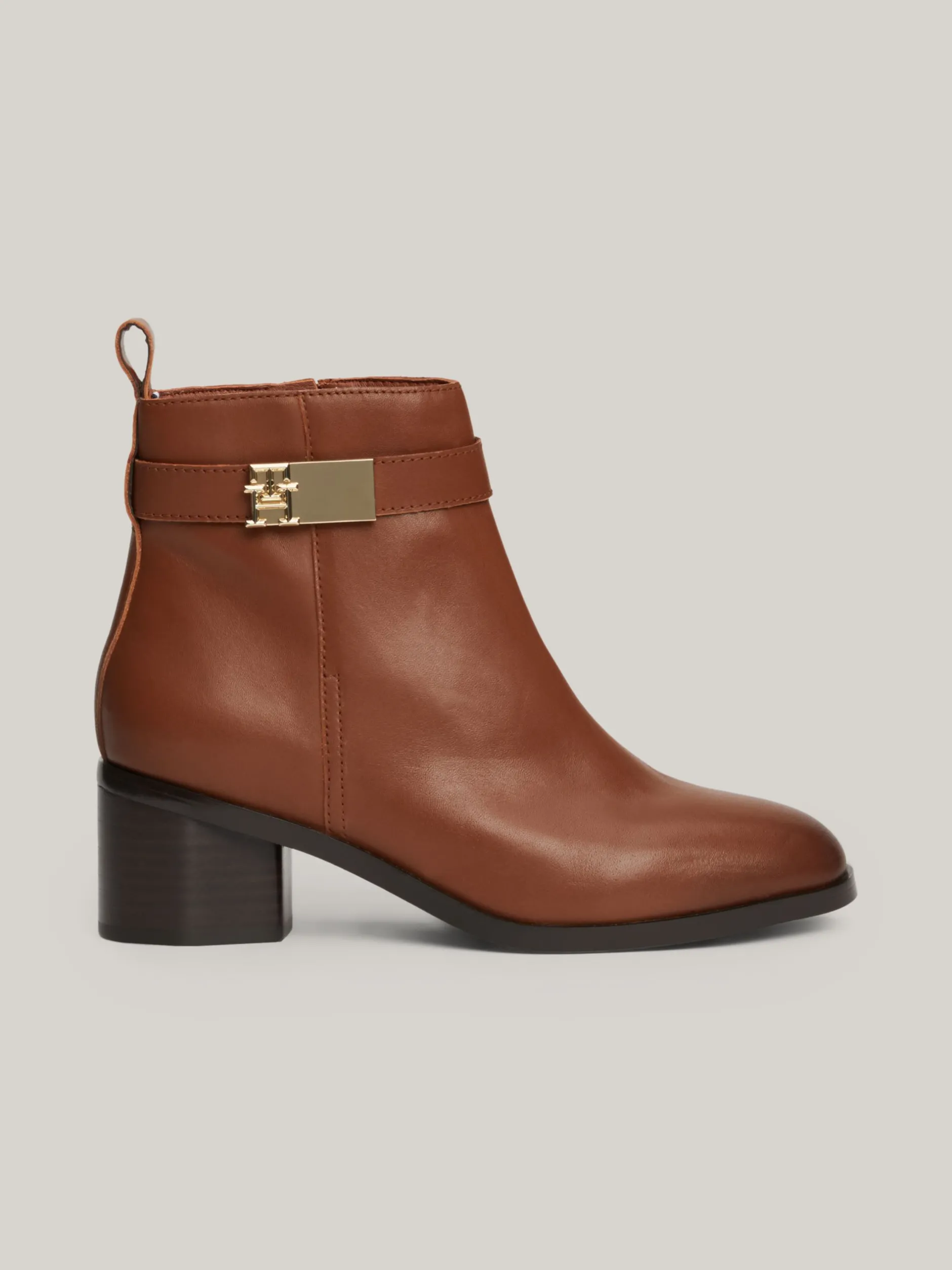 Botki*Tommy Hilfiger Skórzane Botki Na Klockowym Obcasie COGNAC BROWN