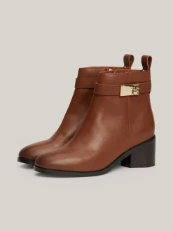 Botki*Tommy Hilfiger Skórzane Botki Na Klockowym Obcasie COGNAC BROWN
