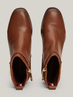 Botki*Tommy Hilfiger Skórzane Botki Na Klockowym Obcasie COGNAC BROWN
