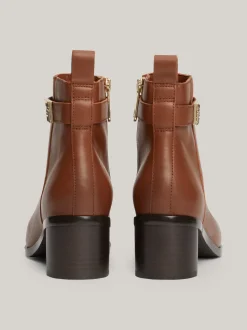 Botki*Tommy Hilfiger Skórzane Botki Na Klockowym Obcasie COGNAC BROWN
