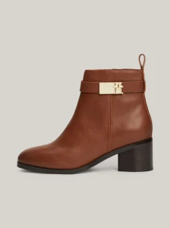 Botki*Tommy Hilfiger Skórzane Botki Na Klockowym Obcasie COGNAC BROWN