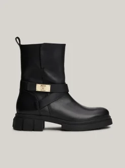 Botki*Tommy Hilfiger Skórzane Botki Z Plakietką Na Pasku BLACK