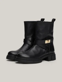 Botki*Tommy Hilfiger Skórzane Botki Z Plakietką Na Pasku BLACK