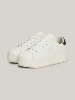 Sneakersy*Tommy Hilfiger Skórzane Buty Sportowe Na Płaskiej Podeszwie IVORY / GRAY GOLD