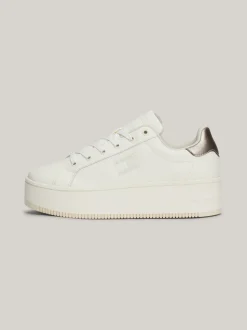 Sneakersy*Tommy Hilfiger Skórzane Buty Sportowe Na Płaskiej Podeszwie IVORY / GRAY GOLD