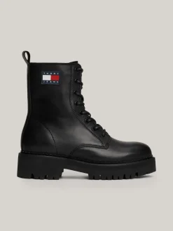 Sznurowane Botki|Botki*Tommy Hilfiger Skórzane Sznurowane Botki Na Grubej Podeszwie BLACK
