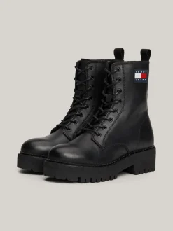 Sznurowane Botki|Botki*Tommy Hilfiger Skórzane Sznurowane Botki Na Grubej Podeszwie BLACK
