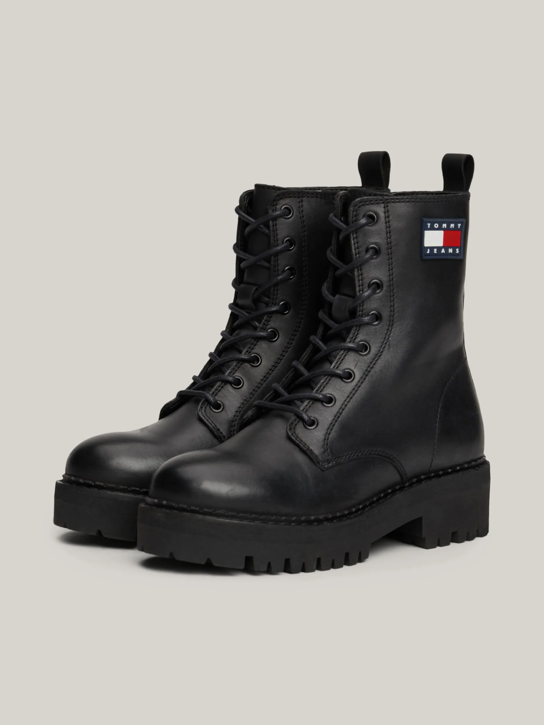 Sznurowane Botki|Botki*Tommy Hilfiger Skórzane Sznurowane Botki Na Grubej Podeszwie BLACK