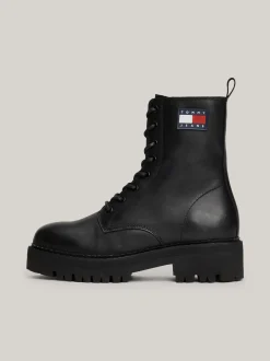 Sznurowane Botki|Botki*Tommy Hilfiger Skórzane Sznurowane Botki Na Grubej Podeszwie BLACK