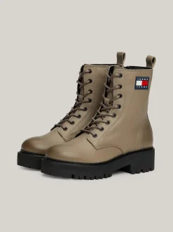 Sznurowane Botki|Botki*Tommy Hilfiger Skórzane Sznurowane Botki Na Grubej Podeszwie PORCINI TAUPE