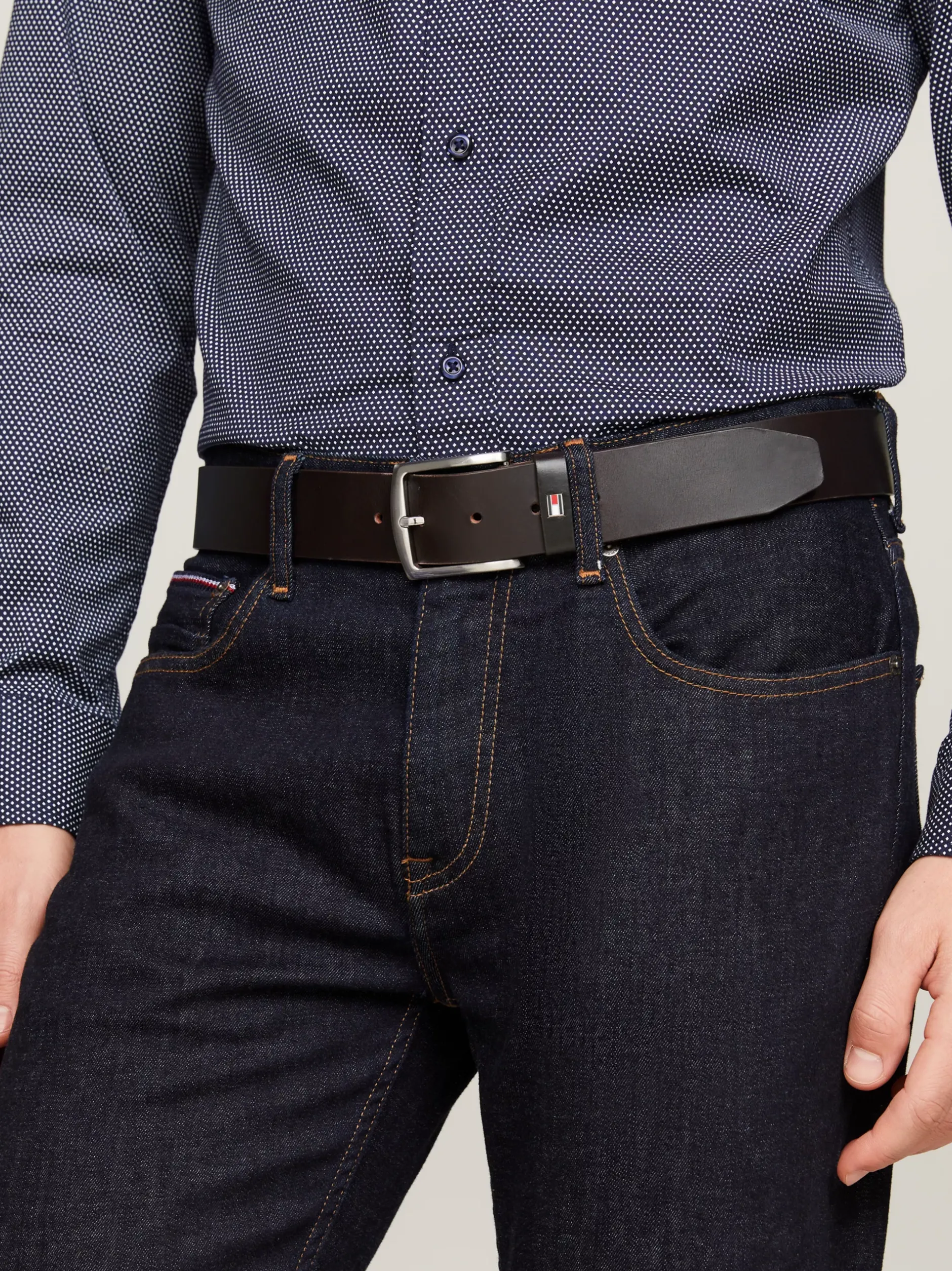 Paski*Tommy Hilfiger Skórzany Pasek Denton Z Logo Z Flagą DARK BROWN