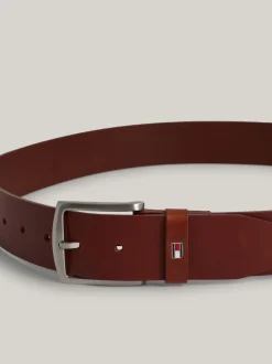 Paski*Tommy Hilfiger Skórzany Pasek Denton Z Logo Z Flagą DARK TAN