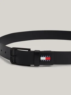 Paski*Tommy Hilfiger Skórzany Pasek Z Etykietą Powlekaną Gumą BLACK