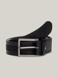 Paski*Tommy Hilfiger Skórzany Pasek Z Plecioną Wstawką Pośrodku BLACK