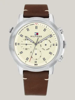 Zegarki*Tommy Hilfiger Sportowy Zegarek Z Brązowym Paskiem Ze Skóry SILVER