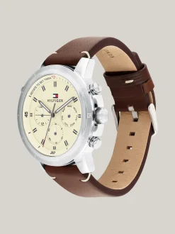 Zegarki*Tommy Hilfiger Sportowy Zegarek Z Brązowym Paskiem Ze Skóry SILVER
