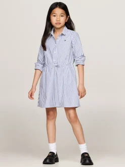 Sukienki*Tommy Hilfiger Sukienka Dresowa W Delikatne Prążki MID BLUE / OPTIC WHITE