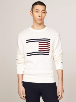 Swetry Z Okrągłym Dekoltem|Swetry*Tommy Hilfiger Sweter O Luźnym Kroju Z Warkoczową Flagą ANCIENT WHITE