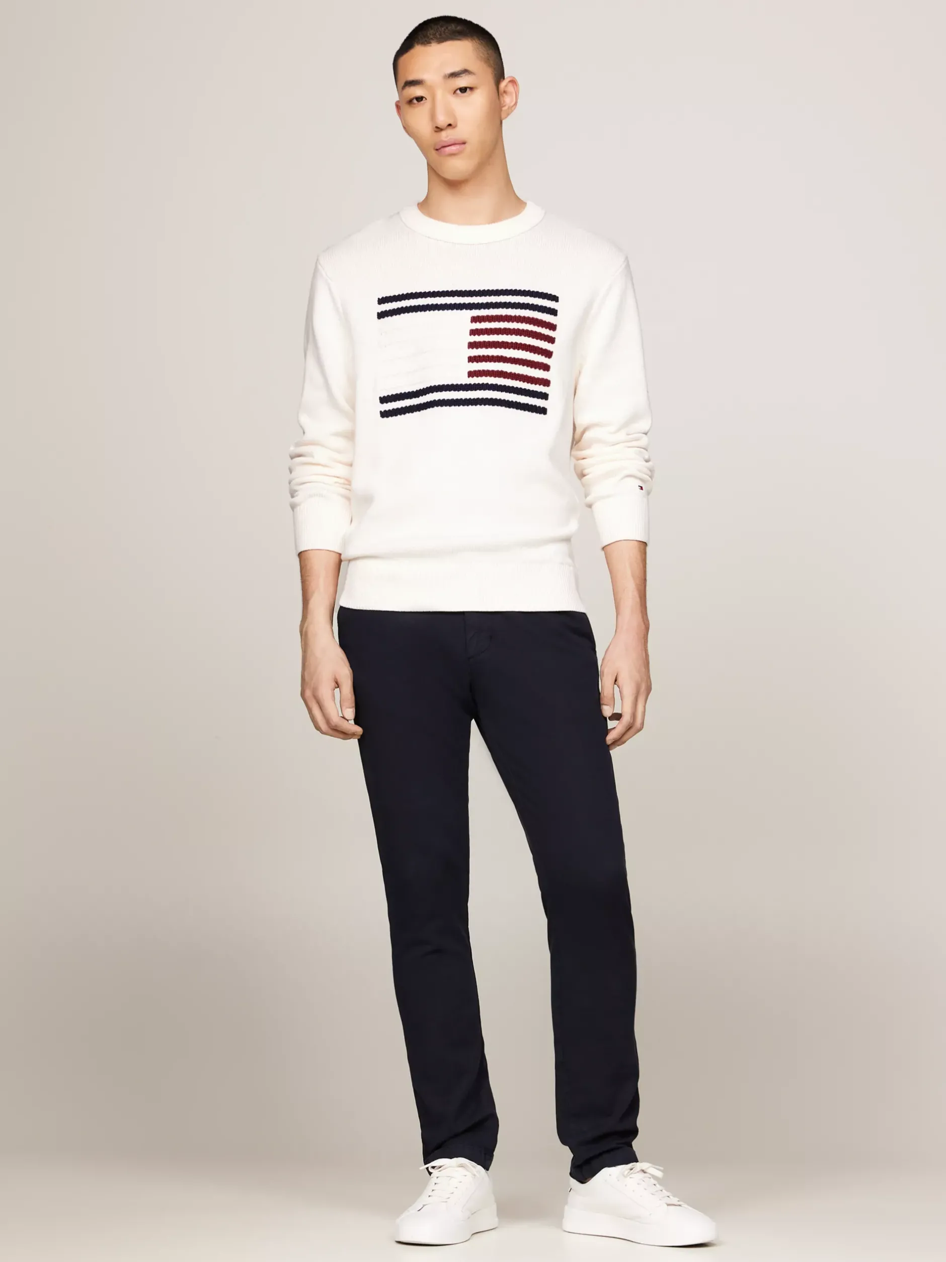 Swetry Z Okrągłym Dekoltem|Swetry*Tommy Hilfiger Sweter O Luźnym Kroju Z Warkoczową Flagą ANCIENT WHITE