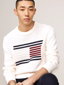 Swetry Z Okrągłym Dekoltem|Swetry*Tommy Hilfiger Sweter O Luźnym Kroju Z Warkoczową Flagą ANCIENT WHITE