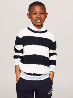 Dzianina*Tommy Hilfiger Sweter O Splocie Warkoczowym W Paski DESERT SKY / ANCIENT WHITE STRIPES