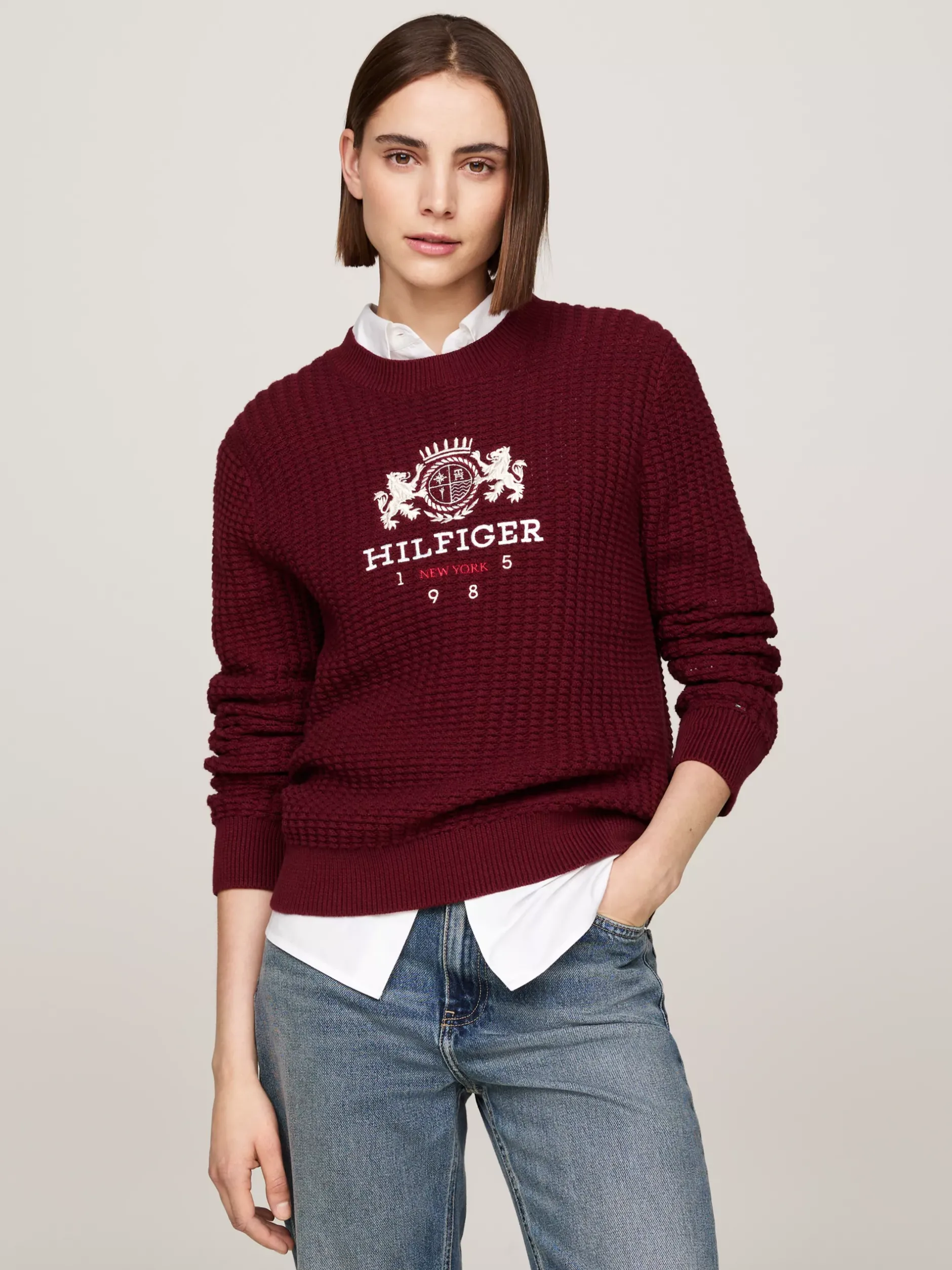 Swetry Z Okrągłym Dekoltem|Swetry*Tommy Hilfiger Sweter O Waflowym Splocie DEEP ROUGE