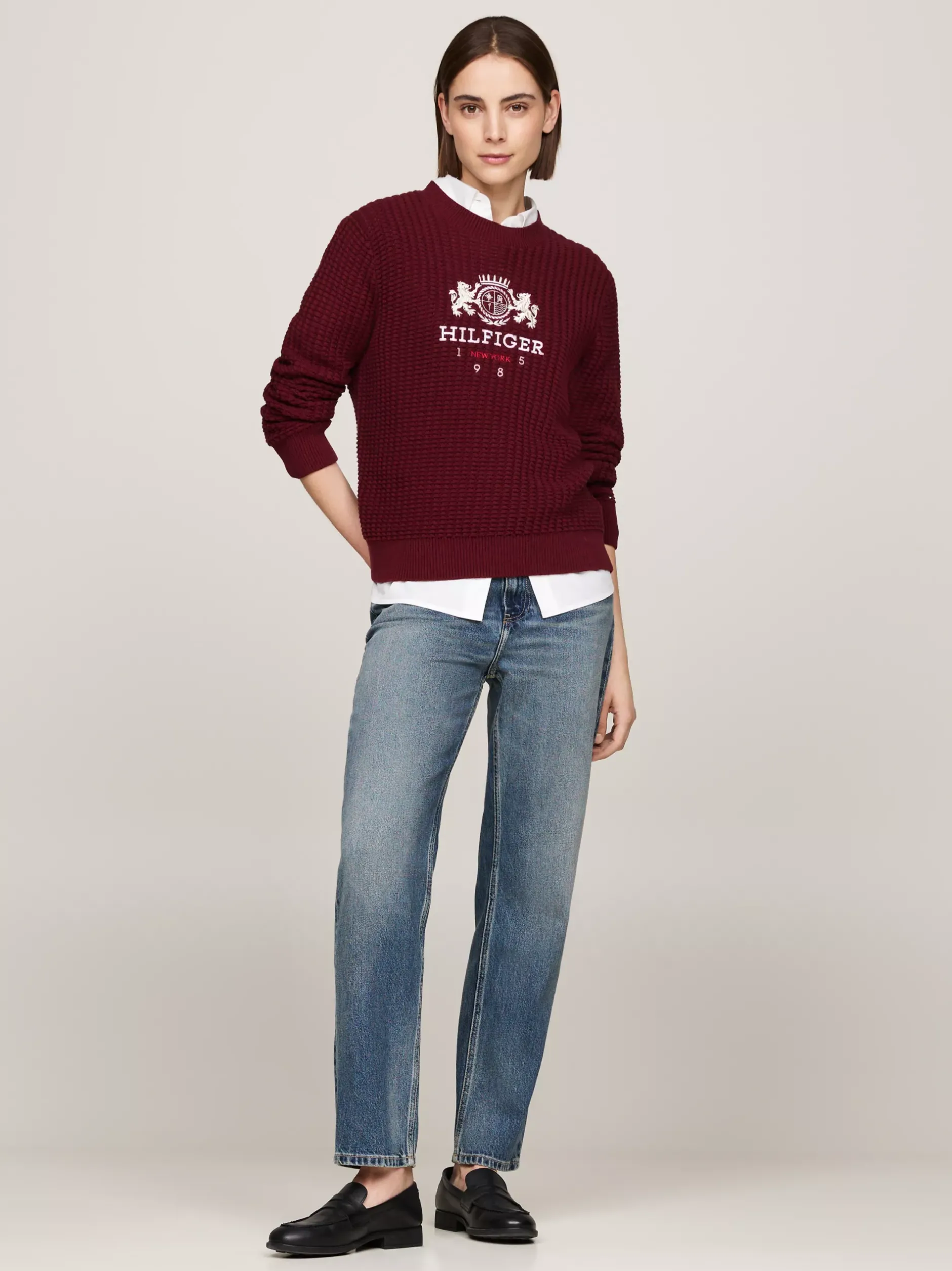 Swetry Z Okrągłym Dekoltem|Swetry*Tommy Hilfiger Sweter O Waflowym Splocie DEEP ROUGE