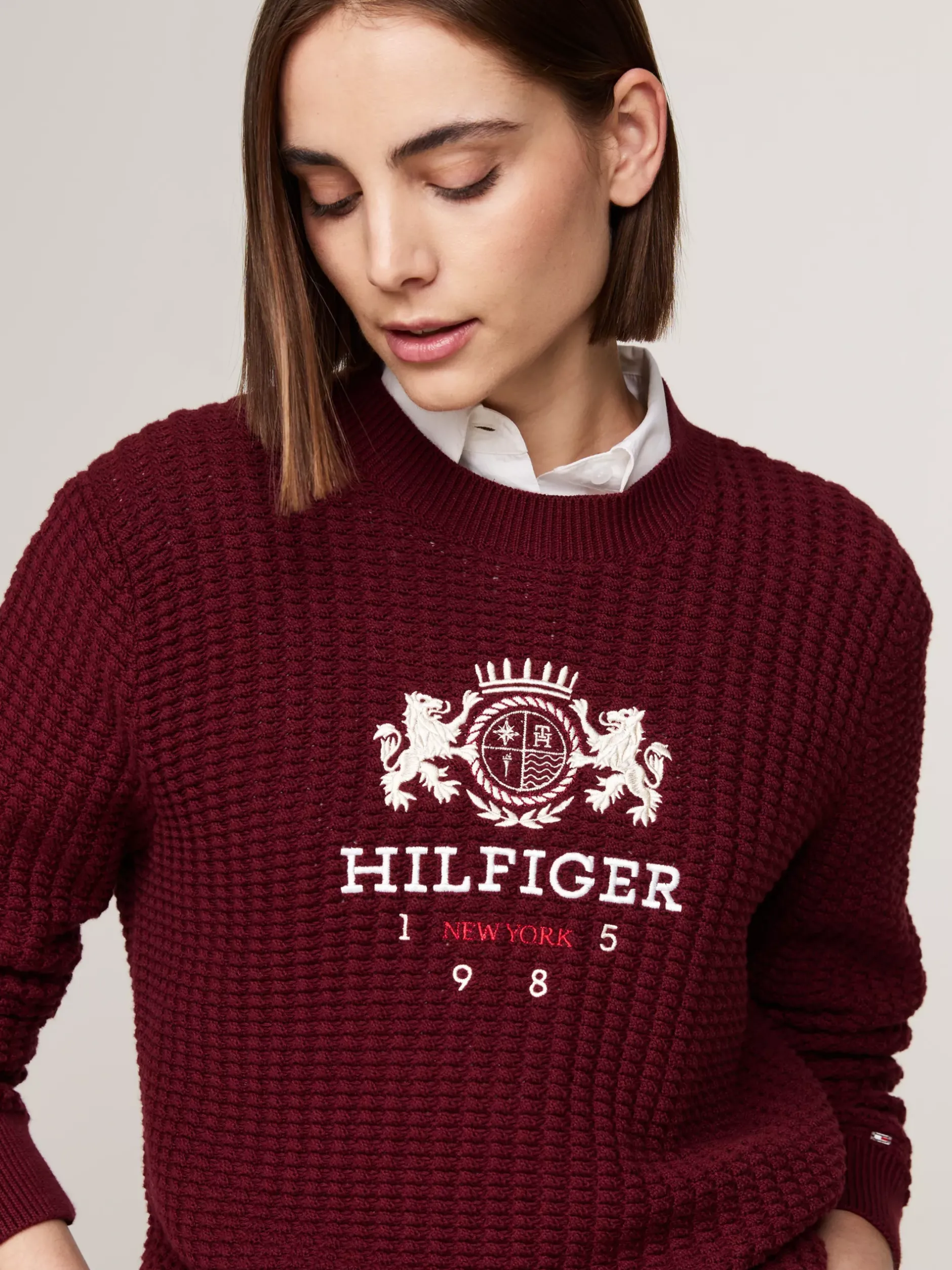 Swetry Z Okrągłym Dekoltem|Swetry*Tommy Hilfiger Sweter O Waflowym Splocie DEEP ROUGE