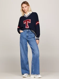 Swetry|Dzianina*Tommy Hilfiger Sweter Oversize Z Dekoltem W Szpic I Inicjałem DARK NIGHT NAVY