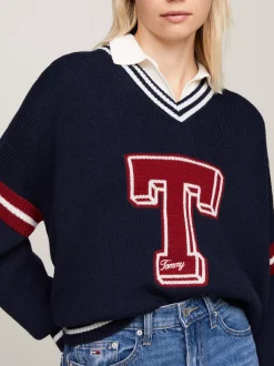 Swetry|Dzianina*Tommy Hilfiger Sweter Oversize Z Dekoltem W Szpic I Inicjałem DARK NIGHT NAVY