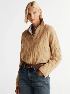 Swetry|Dzianina*Tommy Hilfiger Sweter Polo Ze Splotem Warkoczowym CLASSIC KHAKI