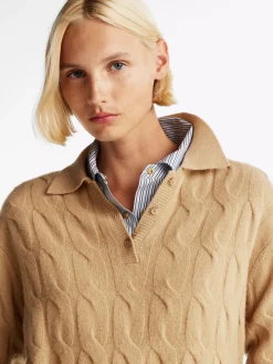 Swetry|Dzianina*Tommy Hilfiger Sweter Polo Ze Splotem Warkoczowym CLASSIC KHAKI