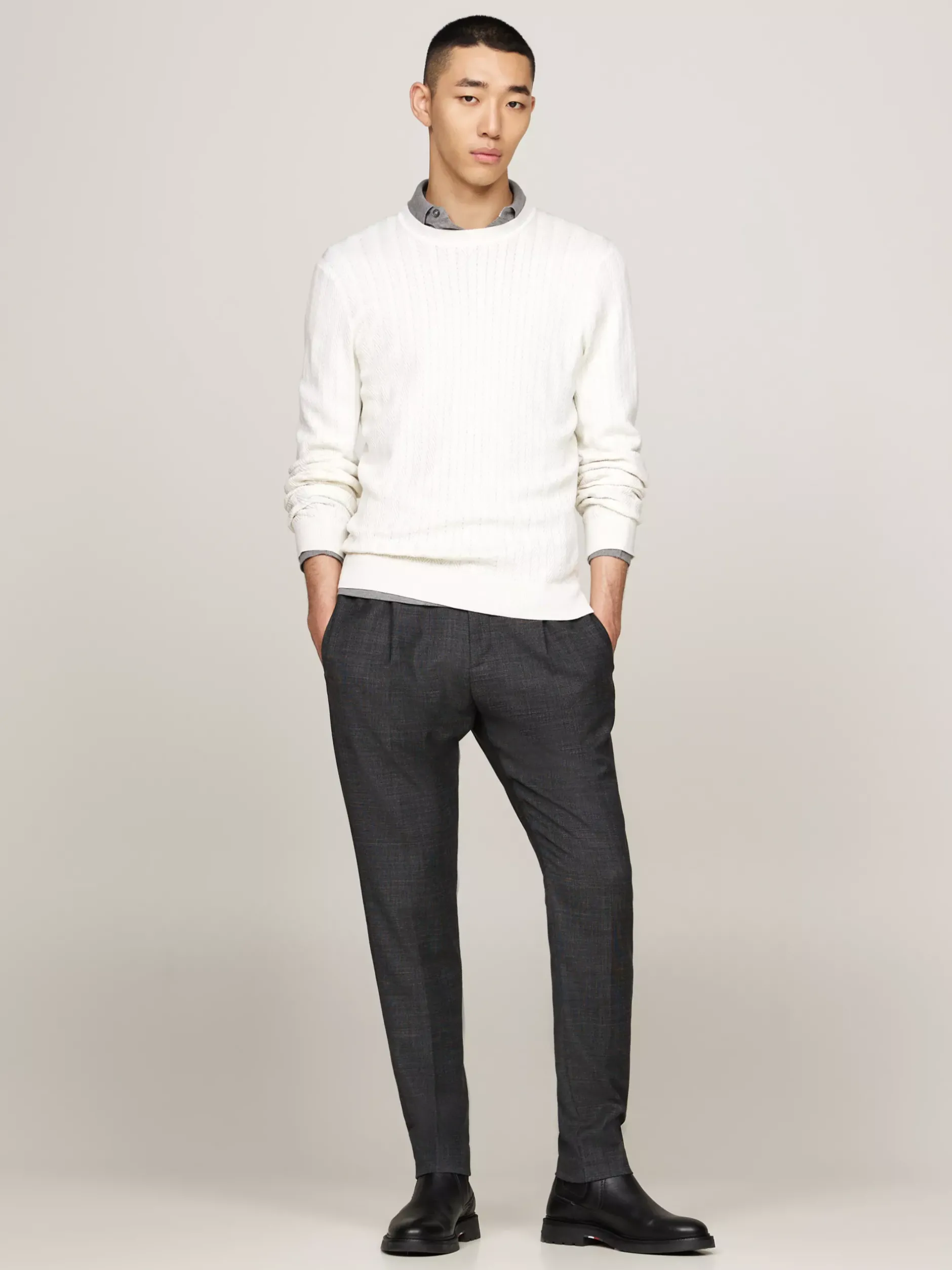 Swetry Z Okrągłym Dekoltem|Swetry*Tommy Hilfiger Sweter Smart Casual O Splocie W Jodełkę IVORY