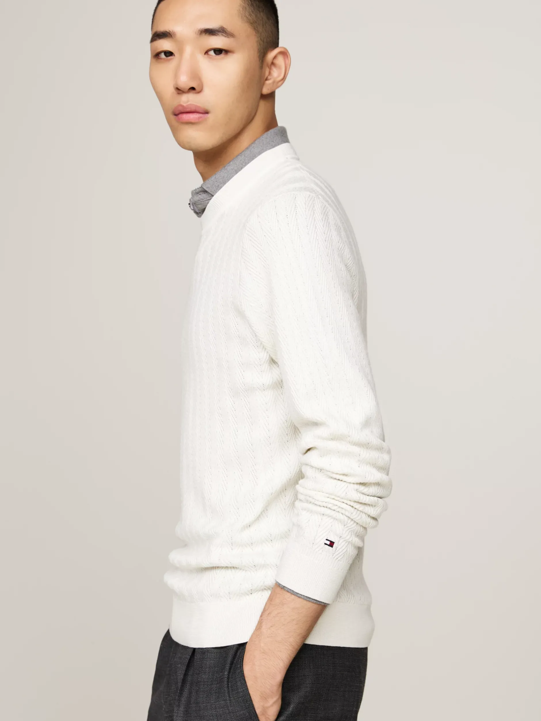 Swetry Z Okrągłym Dekoltem|Swetry*Tommy Hilfiger Sweter Smart Casual O Splocie W Jodełkę IVORY