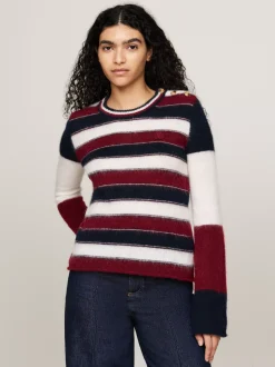 Swetry Z Okrągłym Dekoltem|Swetry*Tommy Hilfiger Sweter W Paski Z Emblematem ECRU/MULTI