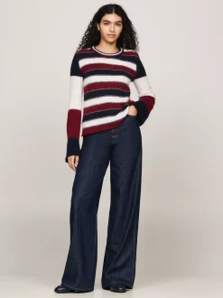 Swetry Z Okrągłym Dekoltem|Swetry*Tommy Hilfiger Sweter W Paski Z Emblematem ECRU/MULTI