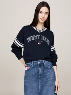 Swetry|Dzianina*Tommy Hilfiger Sweter W Stylu Varsity Z Dekoltem W Szpic DARK NIGHT NAVY